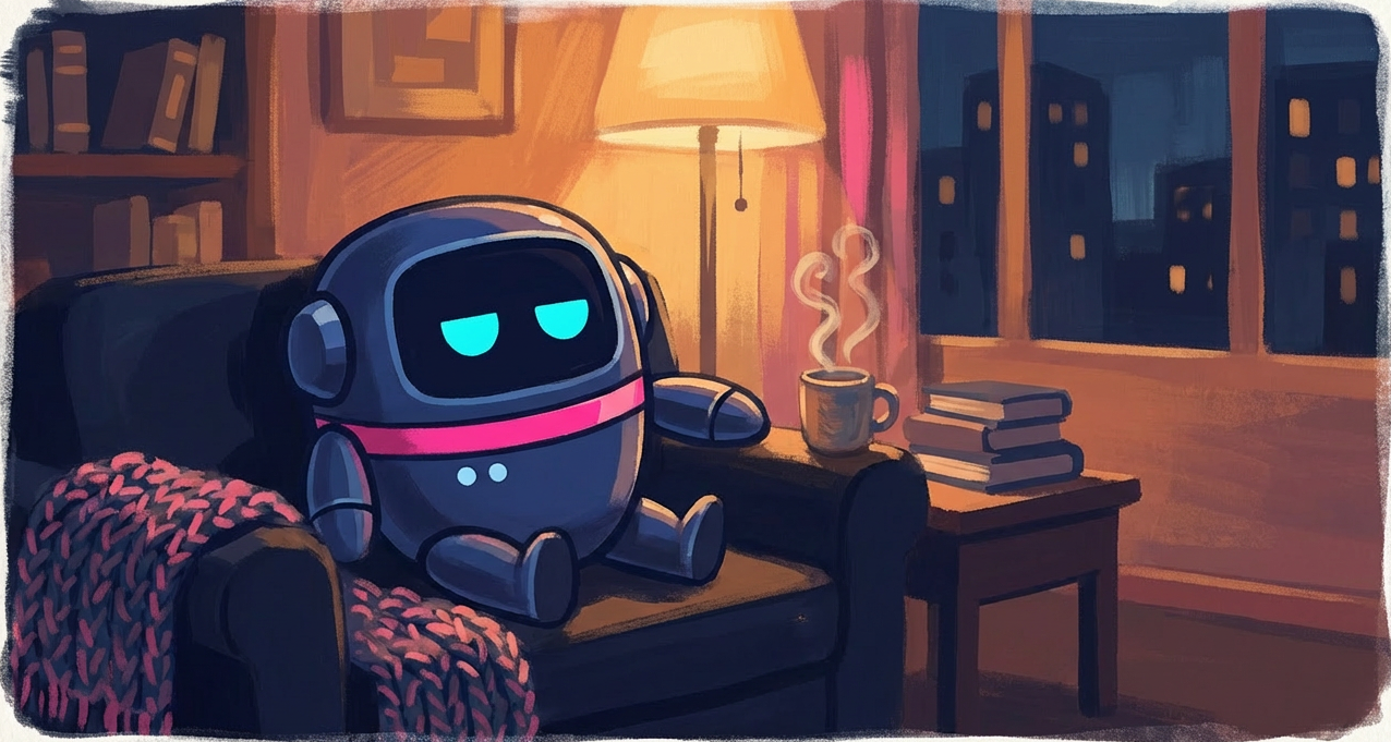 Flotti relaxing on a couch with a blanket and hot drink — approved rest day vibes