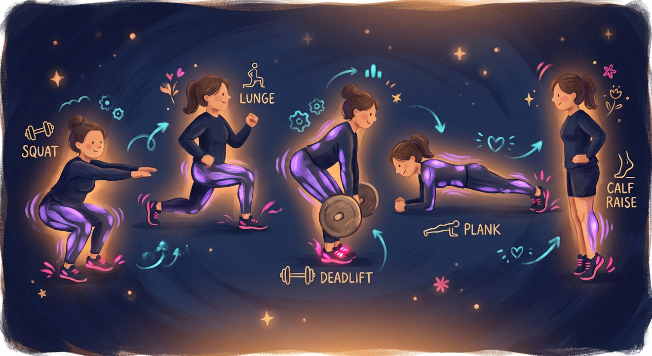 Five essential exercises for runners — squat, lunge, deadlift, plank, calf raise — with violet muscle highlights