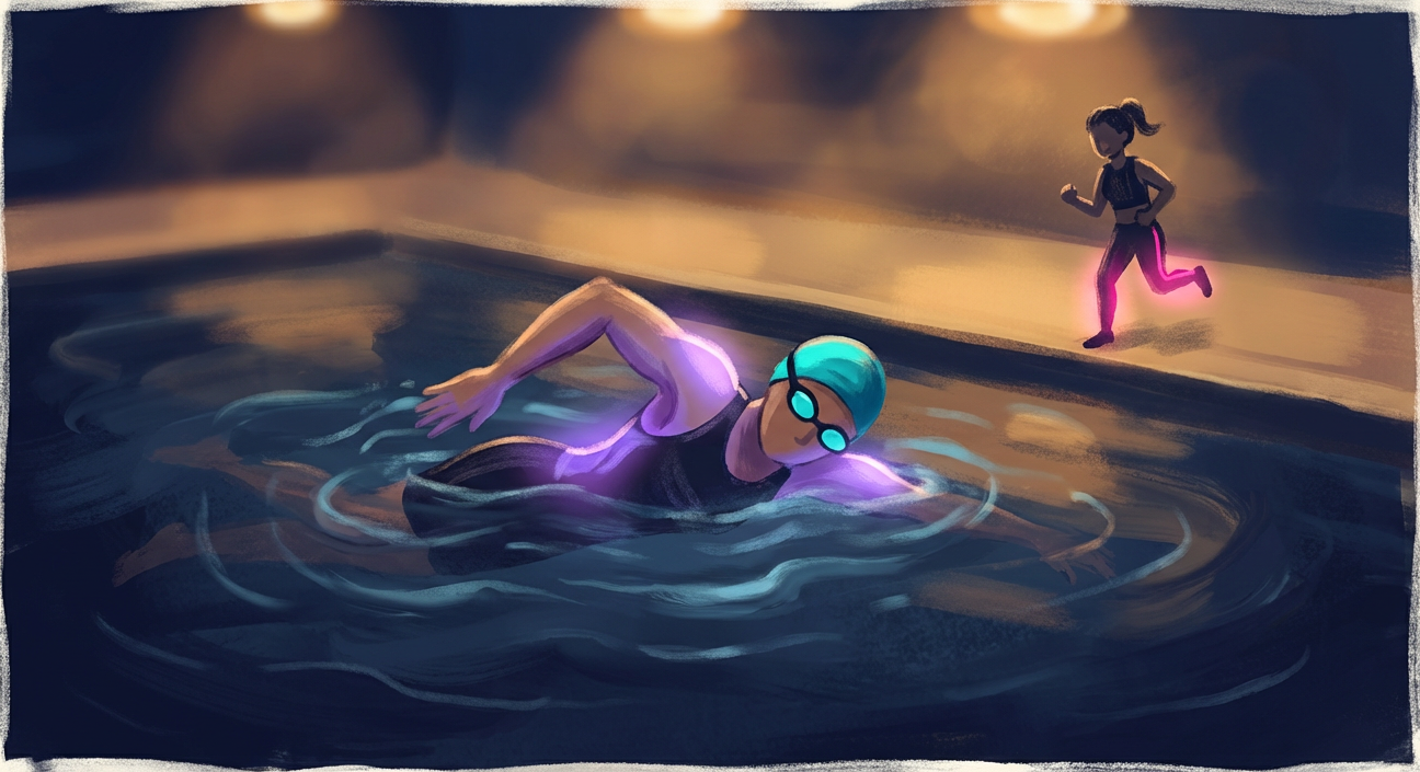 Swimmer in a dark pool with violet muscle highlights, runner at the edge with pink legs — same aerobic system, different muscles