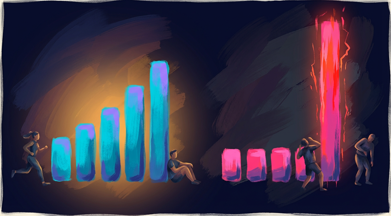 Steady training load build versus a dangerous spike — safe progression vs. injury risk