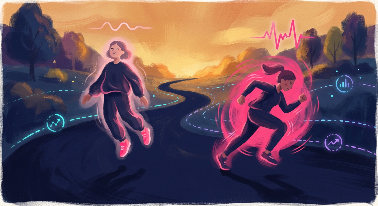 Two runners side by side — one relaxed at easy pace, one straining at tempo with pink intensity aura